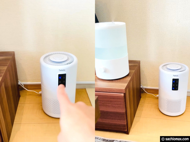 円柱型の加湿器と空気清浄機をスッキリ配置！サイドテーブルを活用した収納アイデア-04